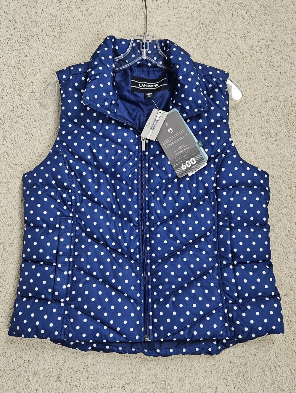 Lands End Down Puffer Vest Womens Blue White Dots M Petite Pockets 600 Outdoor